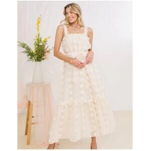A Calin Maxi Dress Womens Small Cream Swiss Dot Pom-Pom Boho Feminine Elegant